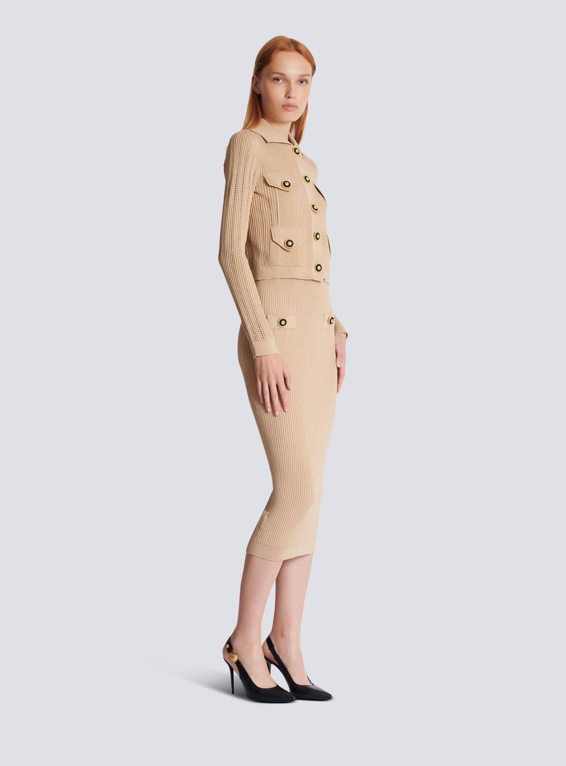 Cropped ribbed knit cardigan with openwork details Product Image