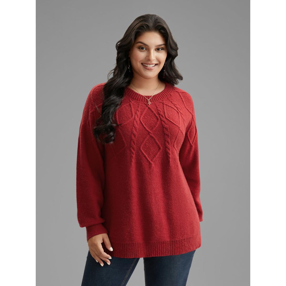 Plus Size Cable Knit Bodice Crew-Neck Pullover Cerulean Women Casual Loose Long Sleeve Round Neck Everyday Pullovers BloomChic 28/5X Product Image