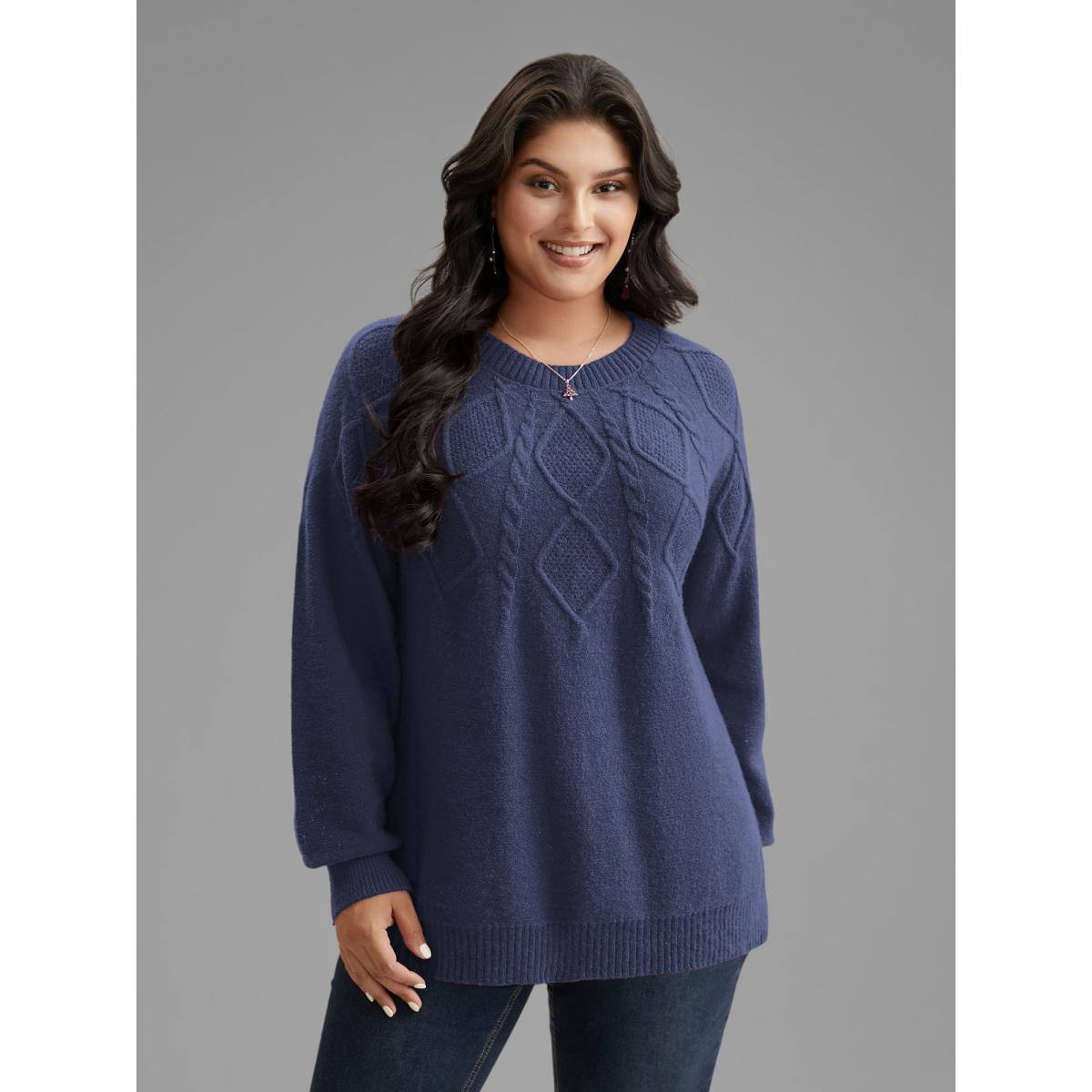 Plus Size Cable Knit Bodice Crew-Neck Pullover Indigo Women Casual Loose Long Sleeve Round Neck Everyday Pullovers BloomChic 26/4X Product Image
