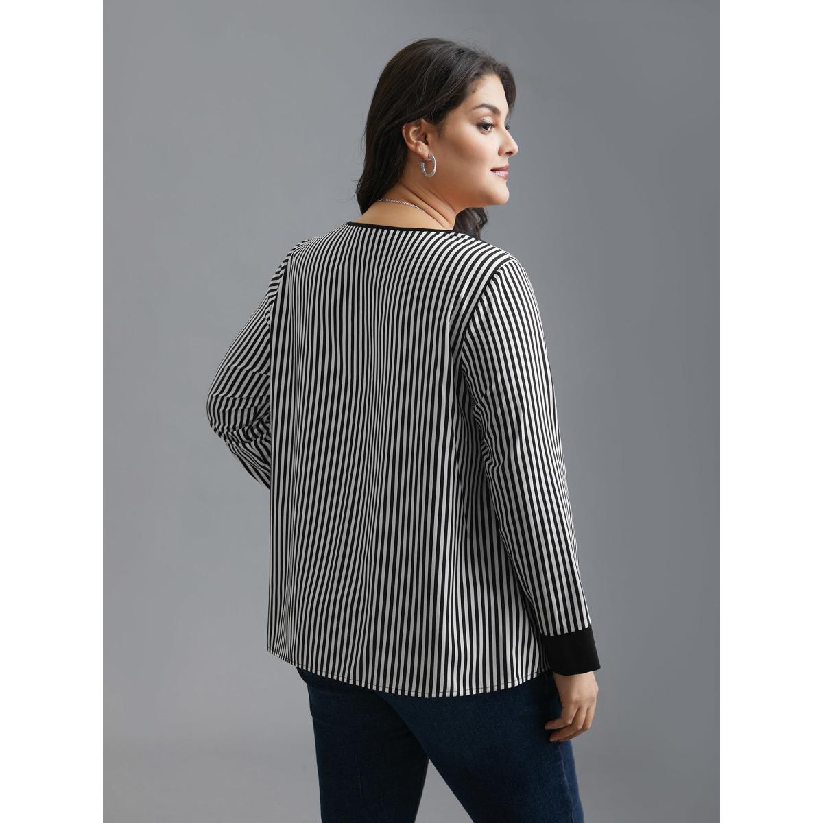 Plus Size Black V Neck Striped Patchwork Blouse Women At the Office Extra Long Sleeve V-neck Work Blouses BloomChic 22-24/3X Product Image