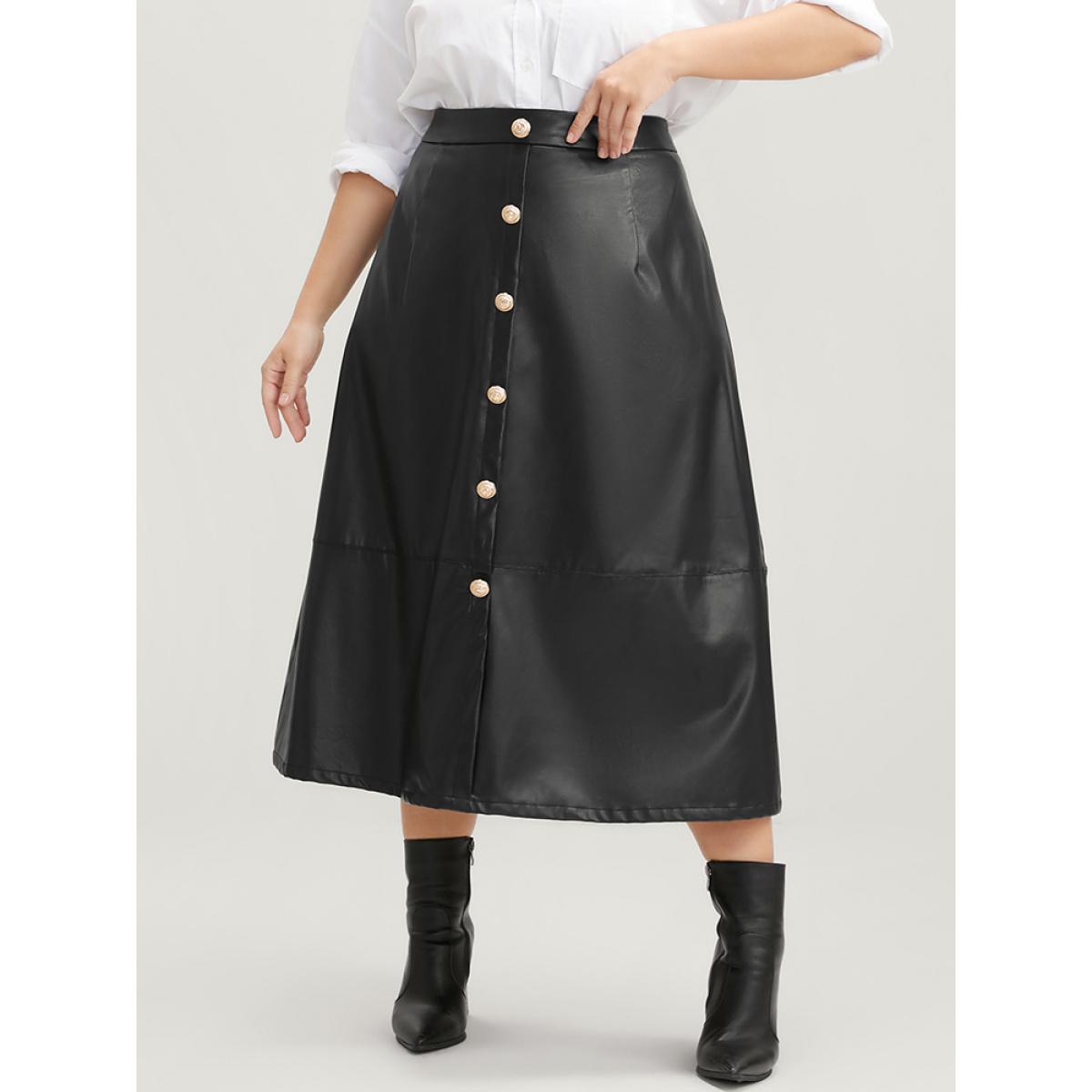 Plus Size PU Leather Button Detail Skirt Women Black Glamour Button Low stretch Going out Skirts BloomChic 28/5X Product Image