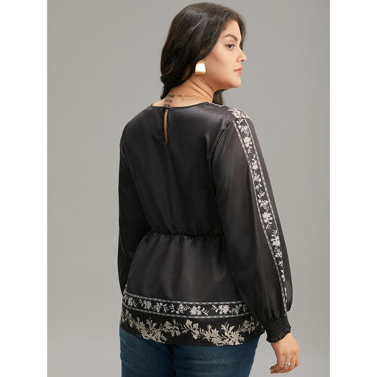 Plus Size BlackFlower Boho Print Shirred Lantern Sleeve Blouse Women Resort Long Sleeve V-neck Vacation Blouses BloomChic 10/M Product Image