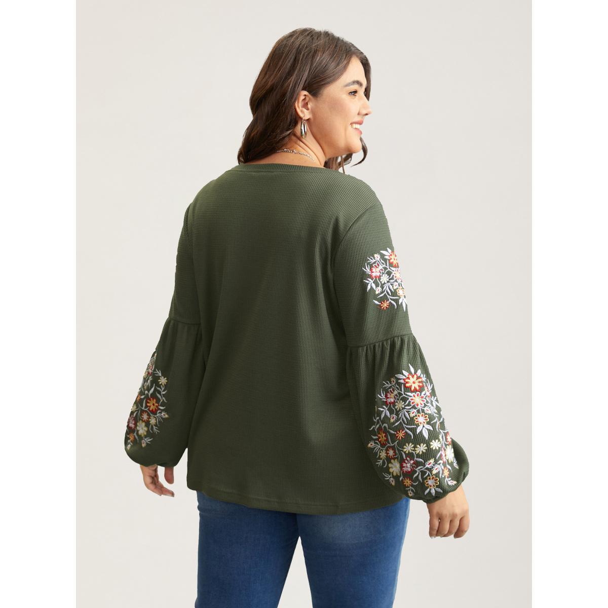 Plus Size Waffle Knit Floral Embroidered Lantern Sleeve T-shirt ArmyGreen Women Elegant Texture Floral Round Neck Everyday T-shirts BloomChic 14-16/1X Product Image