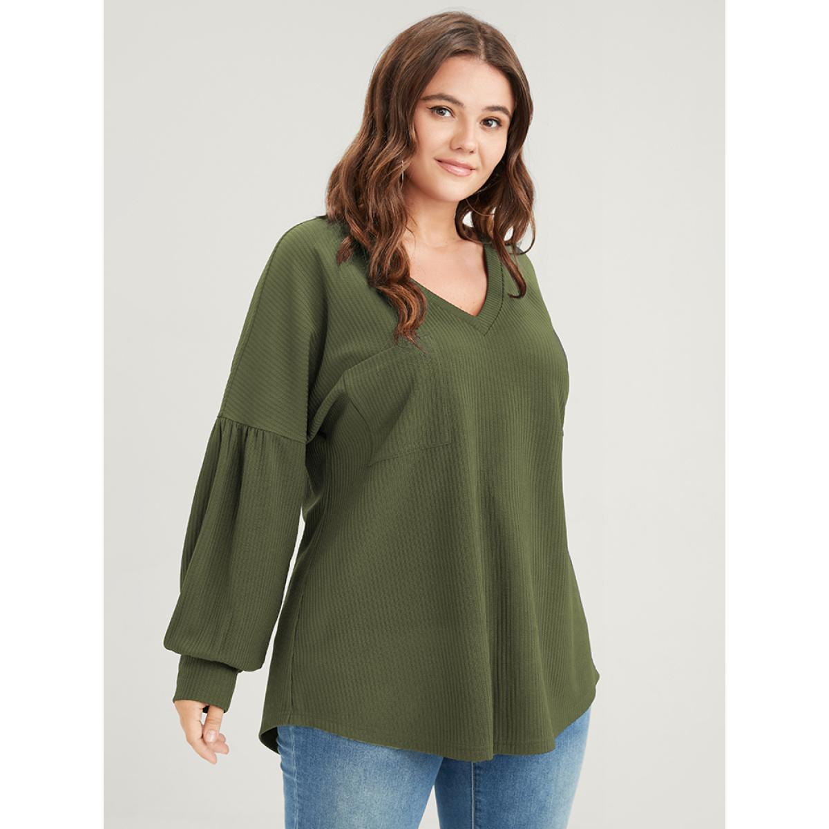 Plus Size Solid Drop Shoulder Pocket Arc Hem Rib Knit Sweatshirt Women ArmyGreen Elegant Plain V-neck Dailywear Sweatshirts BloomChic 18-20/2X Product Image