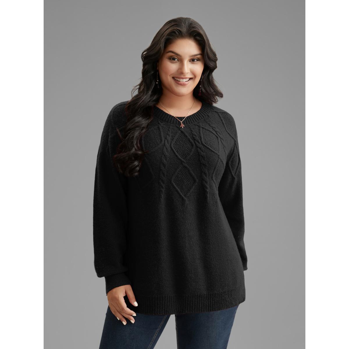 Plus Size Cable Knit Bodice Crew-Neck Pullover Black Women Casual Loose Long Sleeve Round Neck Everyday Pullovers BloomChic 28/5X Product Image
