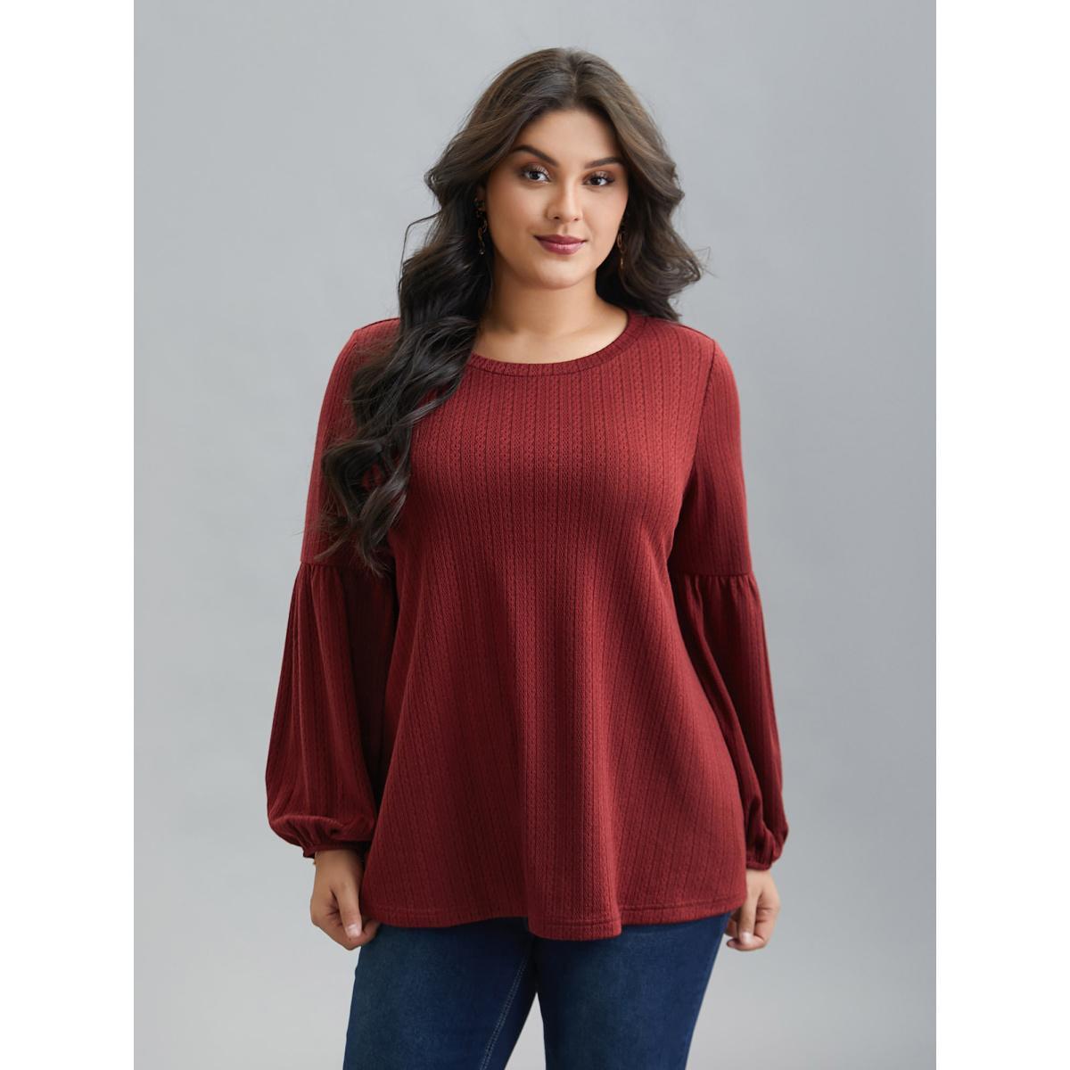 Plus Size Balloon Sleeve Textured Round Neck T-Shirt Deepred Women Elegant Texture Round Neck Everyday T-shirts BloomChic 22-24/3X Product Image