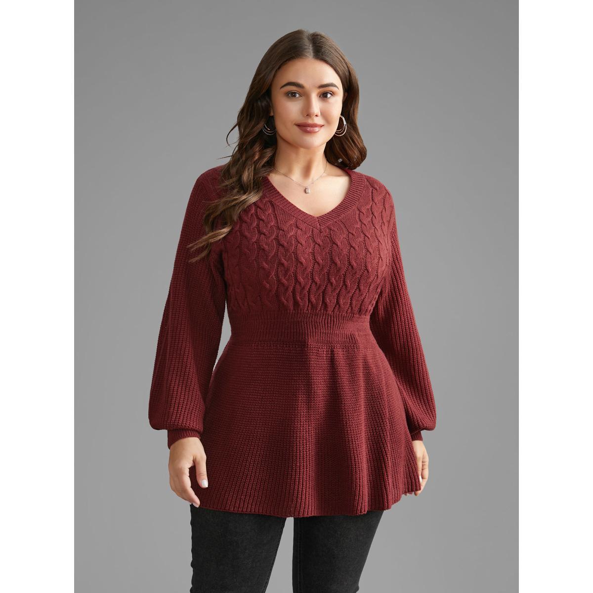 Plus Size V Neck Texture Cable Knit Pullover Burgundy Women Casual Bodycon Long Sleeve V-neck Everyday Pullovers BloomChic 12/L Product Image