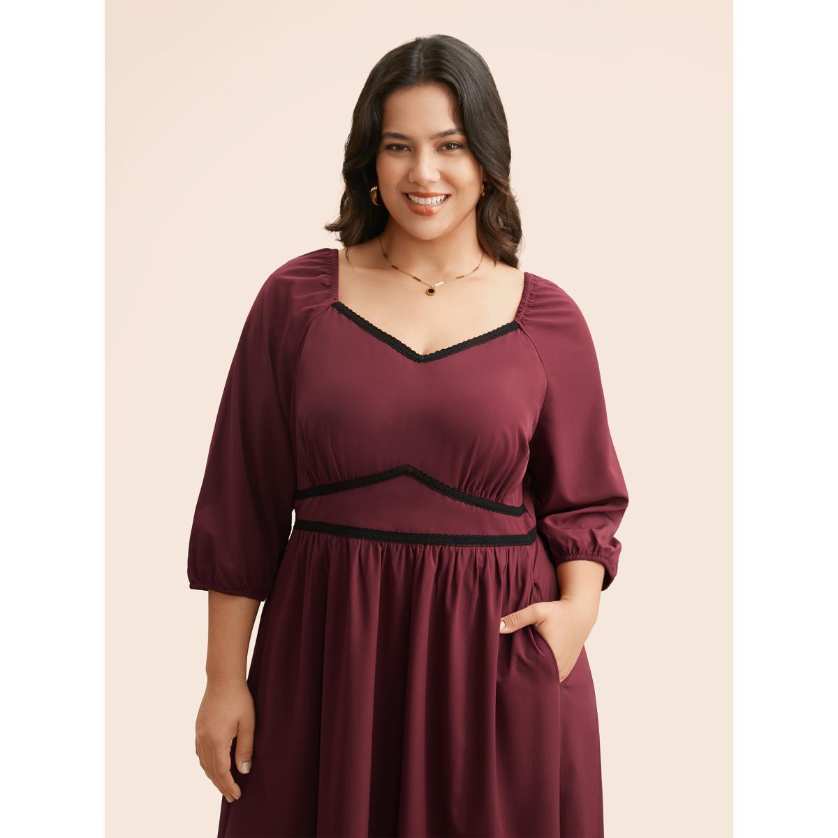 Plus Size Heart Neckline Woven Ribbon Midi Dress Burgundy Women Elegant Woven ribbon&lace trim Heart neckline Elbow-length sleeve Curvy BloomChic 22-24/3X Product Image