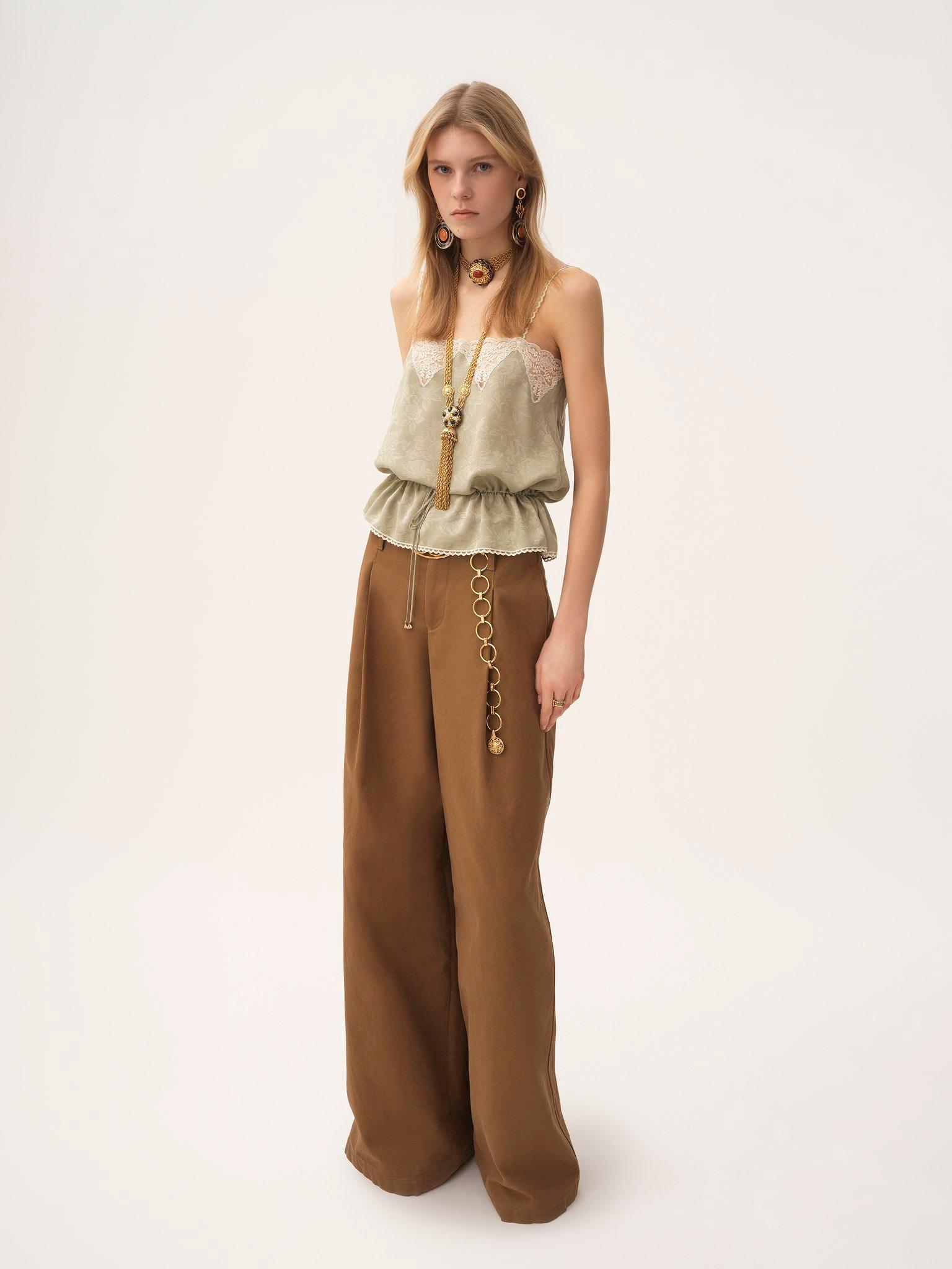 Drawstring camisole top in silk jacquard & lace Product Image