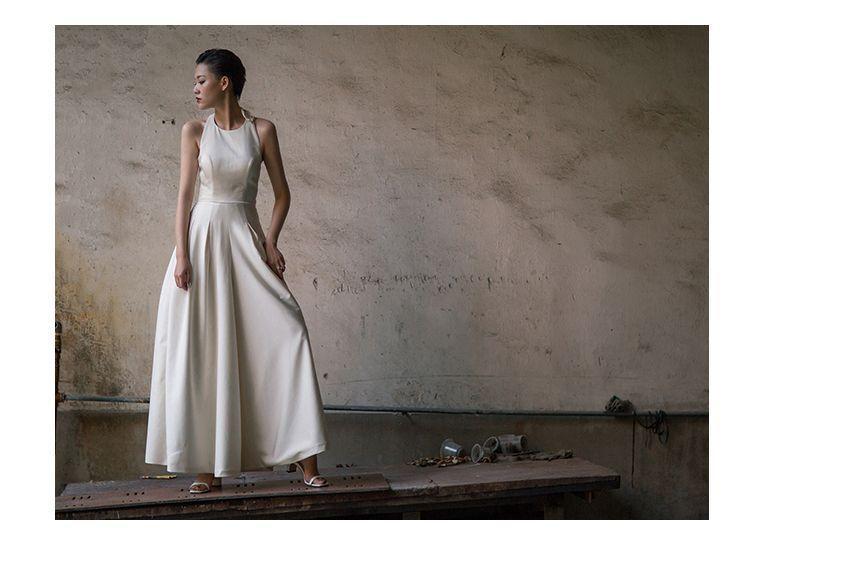 Sleeveless Halter Neck Plain Satin Wide Leg Jumpsuit Product Image