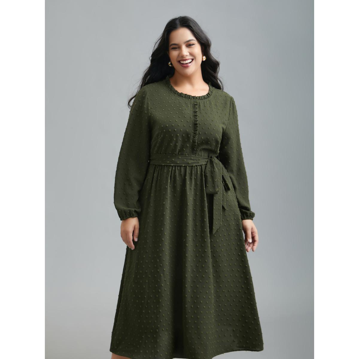 Plus Size Textured Waist-Tie Ruffled Edges Dress ArmyGreen Women Elegant Texture Round Neck Long Sleeve Curvy BloomChic 12/L Product Image
