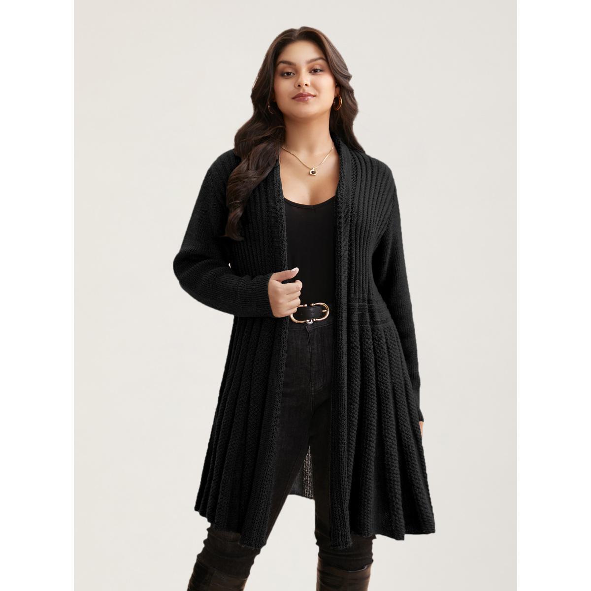 Plus Size Plain Textured Kimono Collar Cardigan Black Women Casual Loose Long Sleeve Everyday Cardigans BloomChic 18-20/2X Product Image