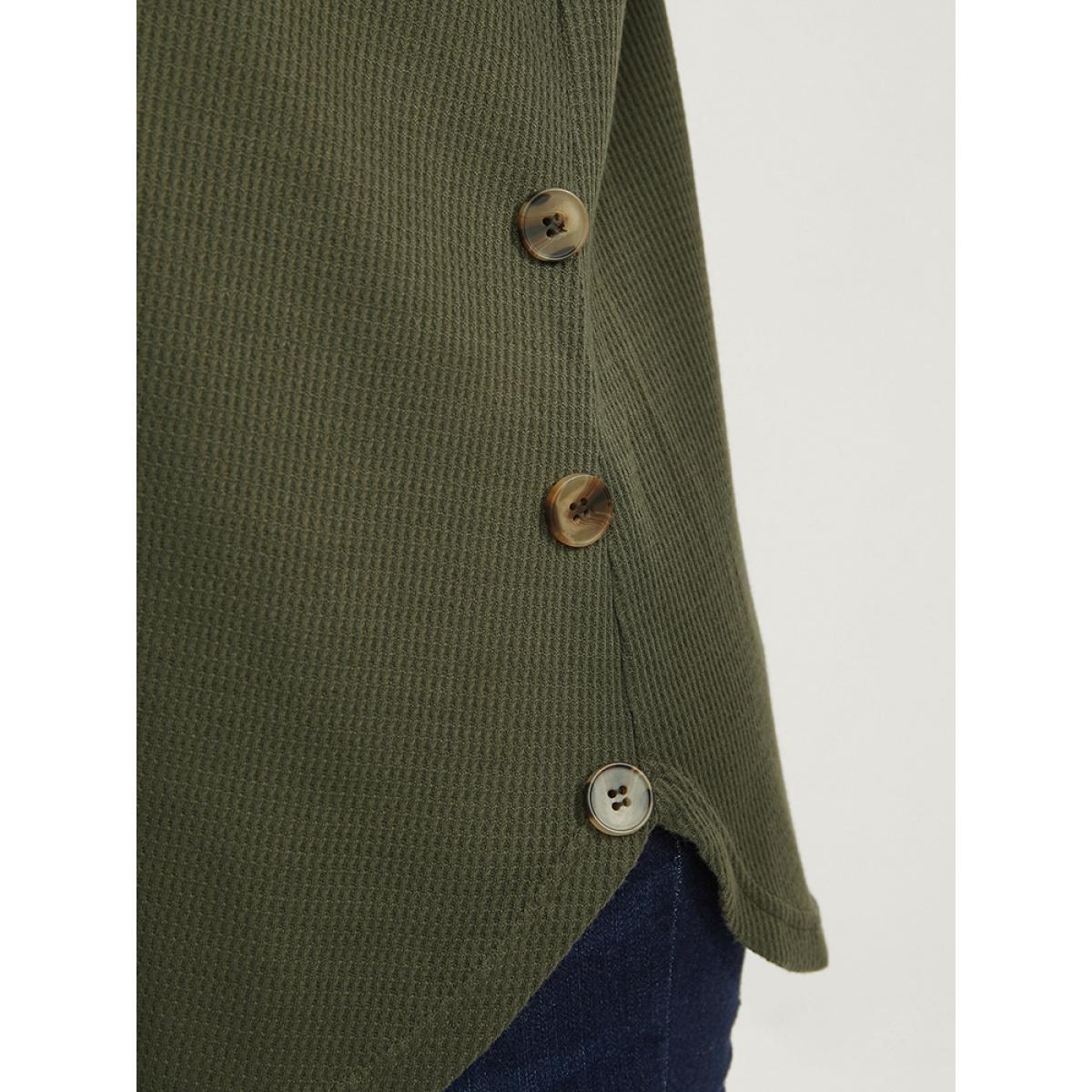 Plus Size Plain Round Neck Button Detail Waffle Knit Tee ArmyGreen Women Casual Button Plain Round Neck Dailywear T-shirts BloomChic 30/6X Product Image