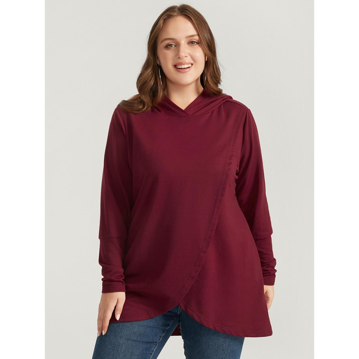 Plus Size Solid Pocket High Low Hem Hooded Sweatshirt Women Burgundy Casual Pocket Hooded Dailywear Sweatshirts BloomChic 14-16/1X Product Image
