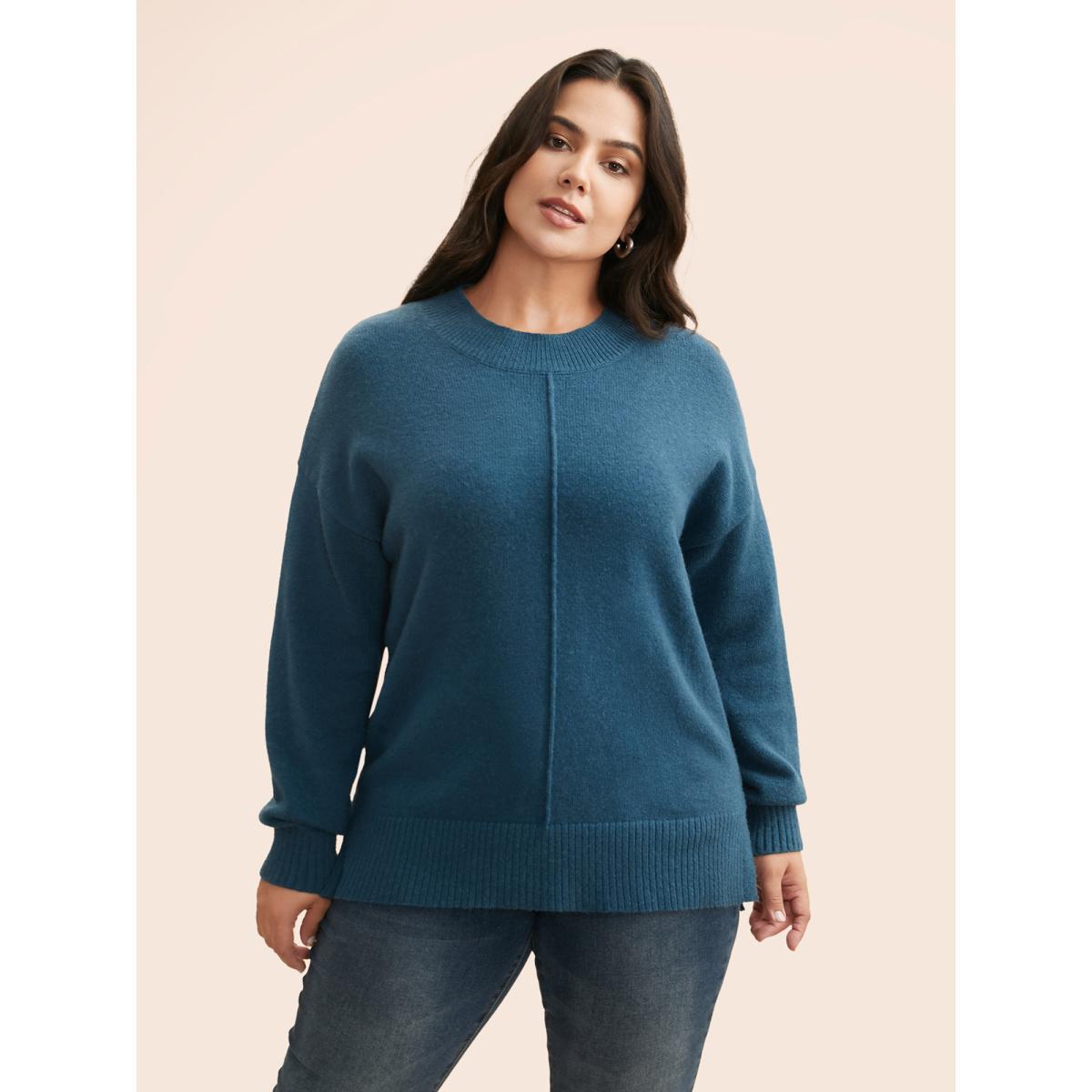 Plus Size Supersoft Essentials Split Wool Pullover Indigo Women Casual Loose Long Sleeve Round Neck Everyday Pullovers BloomChic 12/L Product Image