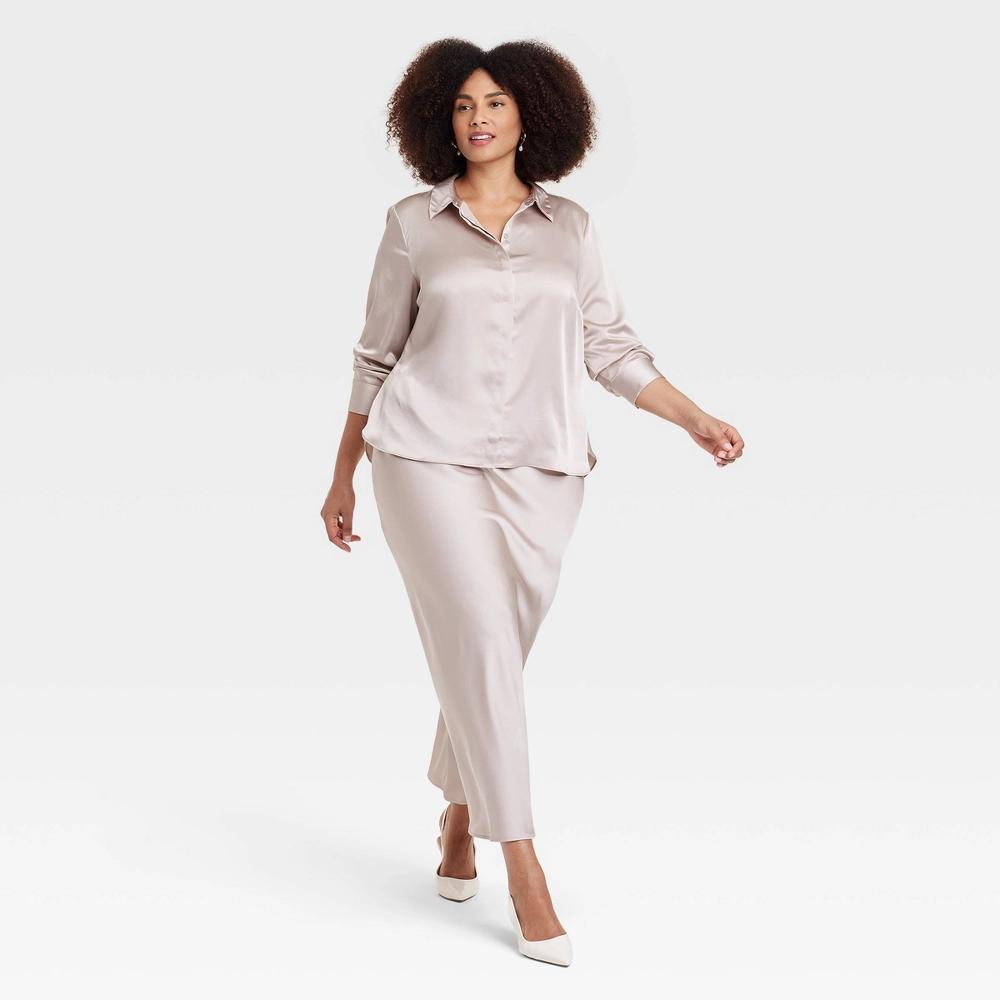 Women's Long Sleeve Satin Button-Down Shirt - A New Day™ Beige 4X Product Image