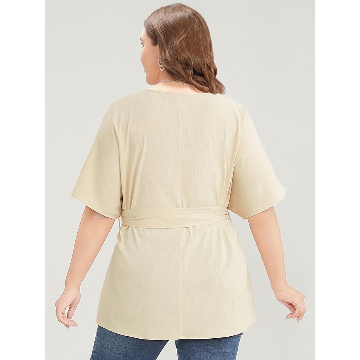 Plus Size Apricot Solid Dolman Sleeve Buckle Belted V Neck Blouse Women Office Short sleeve V-neck Dailywear Blouses BloomChic 22-24/3X Product Image