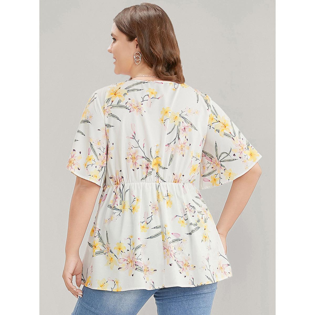 Plus Size Ivory Floral Print V Neck Ruffle Sleeve Blouse Women Elegant Short sleeve V-neck Dailywear Blouses BloomChic 30/6X Product Image