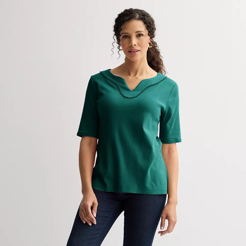 Petite Croft & Barrow® Bobble Trim Splitneck Top, Women's, Size: Medium Petite, Dark Blue Product Image