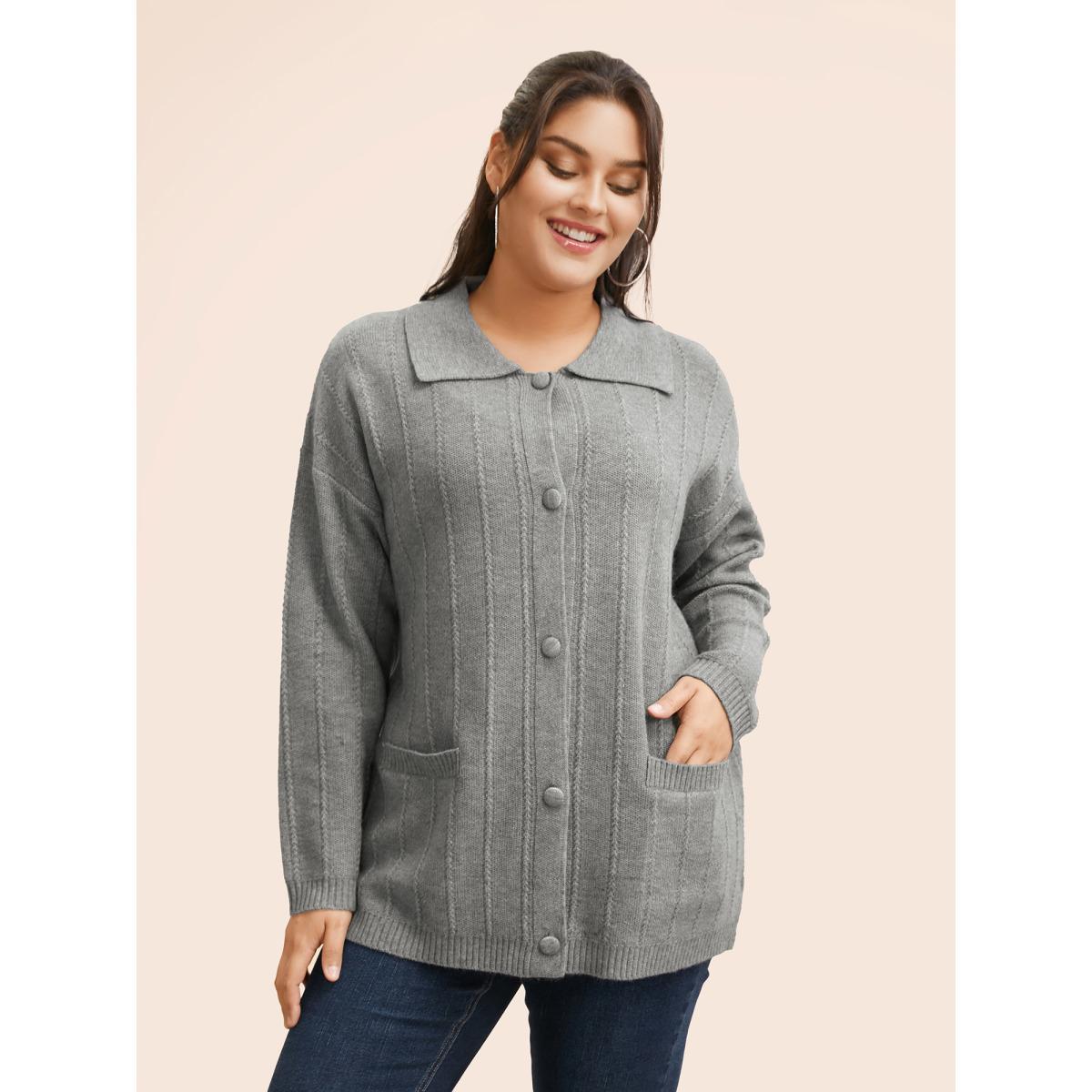 Plus Size Plain Textured Polo Neck Pocket Cardigan Mediumgray Women Casual Loose Long Sleeve Everyday Cardigans BloomChic 18-20/2X Product Image