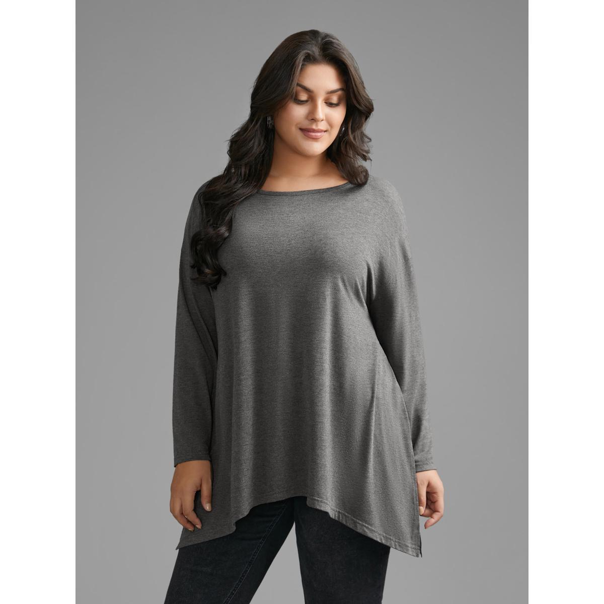 Plus Size Plain Boat Neck Asymmetrical Hem T-shirt DarkGray Women Casual Asymmetrical Boat Neck Loose Everyday T-shirts BloomChic 18-20/2X Product Image