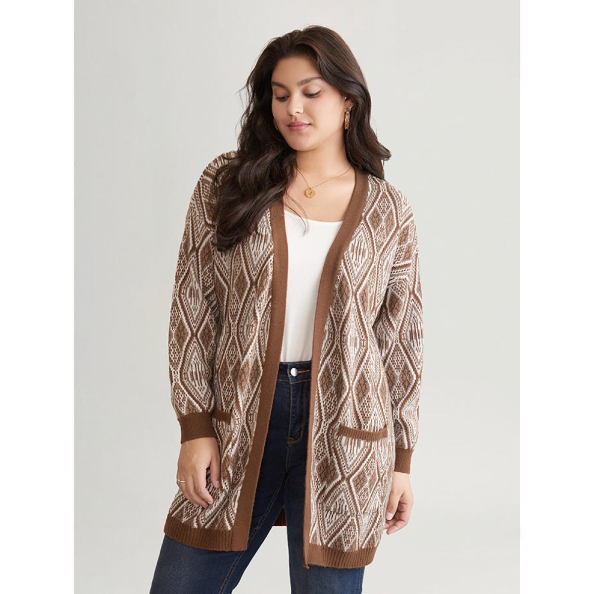 Plus Size Geometric Graphic Patched Pocket Jacquard Cardigan DarkBrown Women Casual Loose Long Sleeve Dailywear Cardigans BloomChic 30/6X Product Image