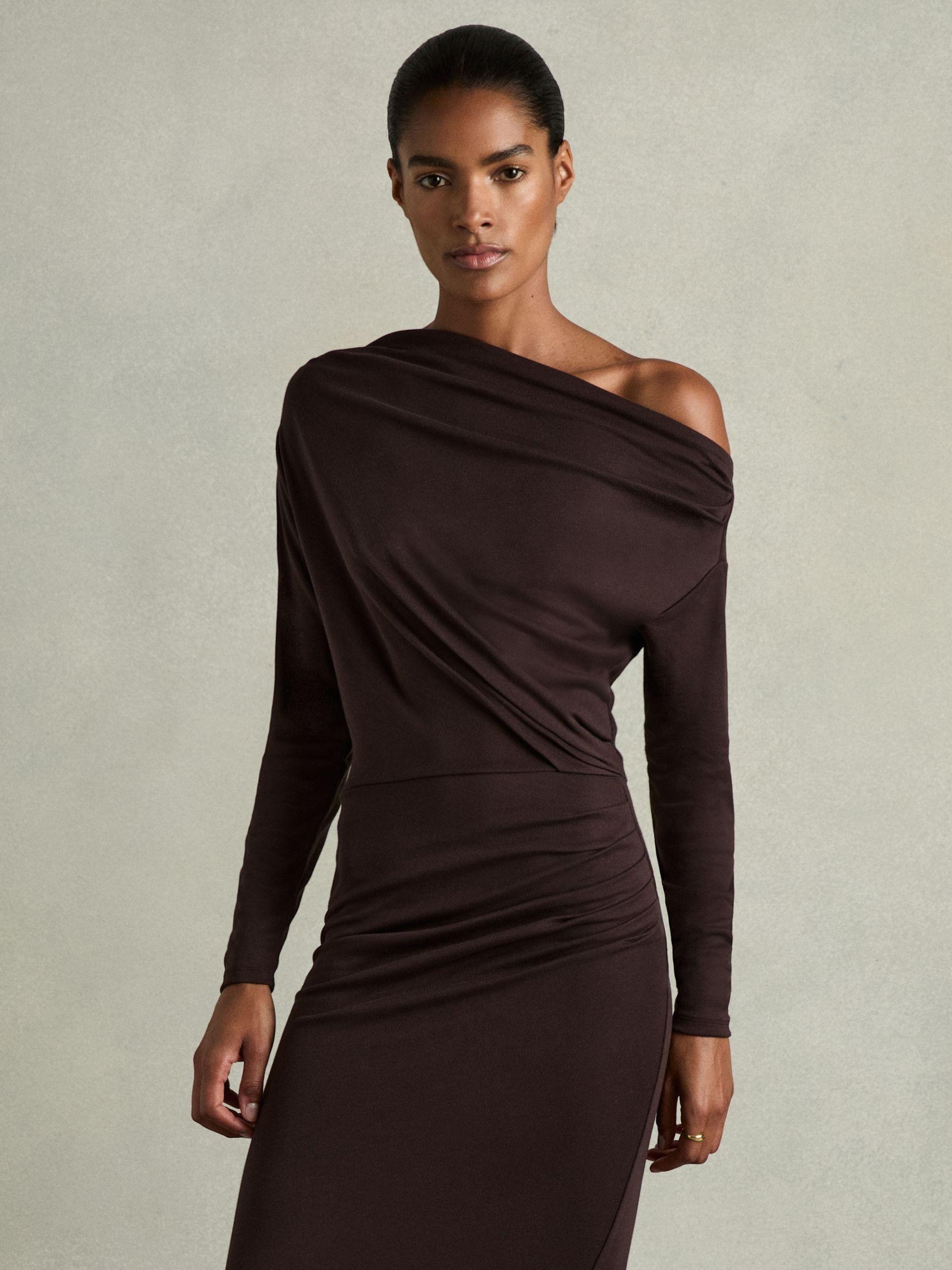 Off-The-Shoulder Ruched Jersey Midi Dress in Brown Product Image