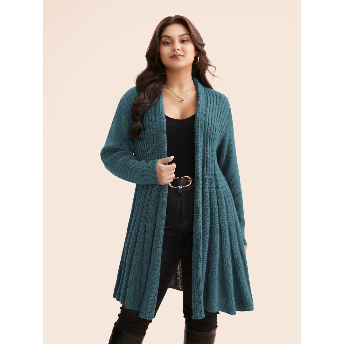 Plus Size Plain Textured Kimono Collar Cardigan Teal Women Casual Loose Long Sleeve Everyday Cardigans BloomChic 30/6X Product Image