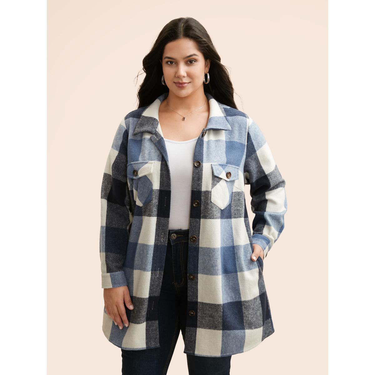 Plus Size Plaid Chest Pockets Long Jacket Women LightBlue Button Loose Side seam pocket Everyday Jackets BloomChic 14-16/1X Product Image