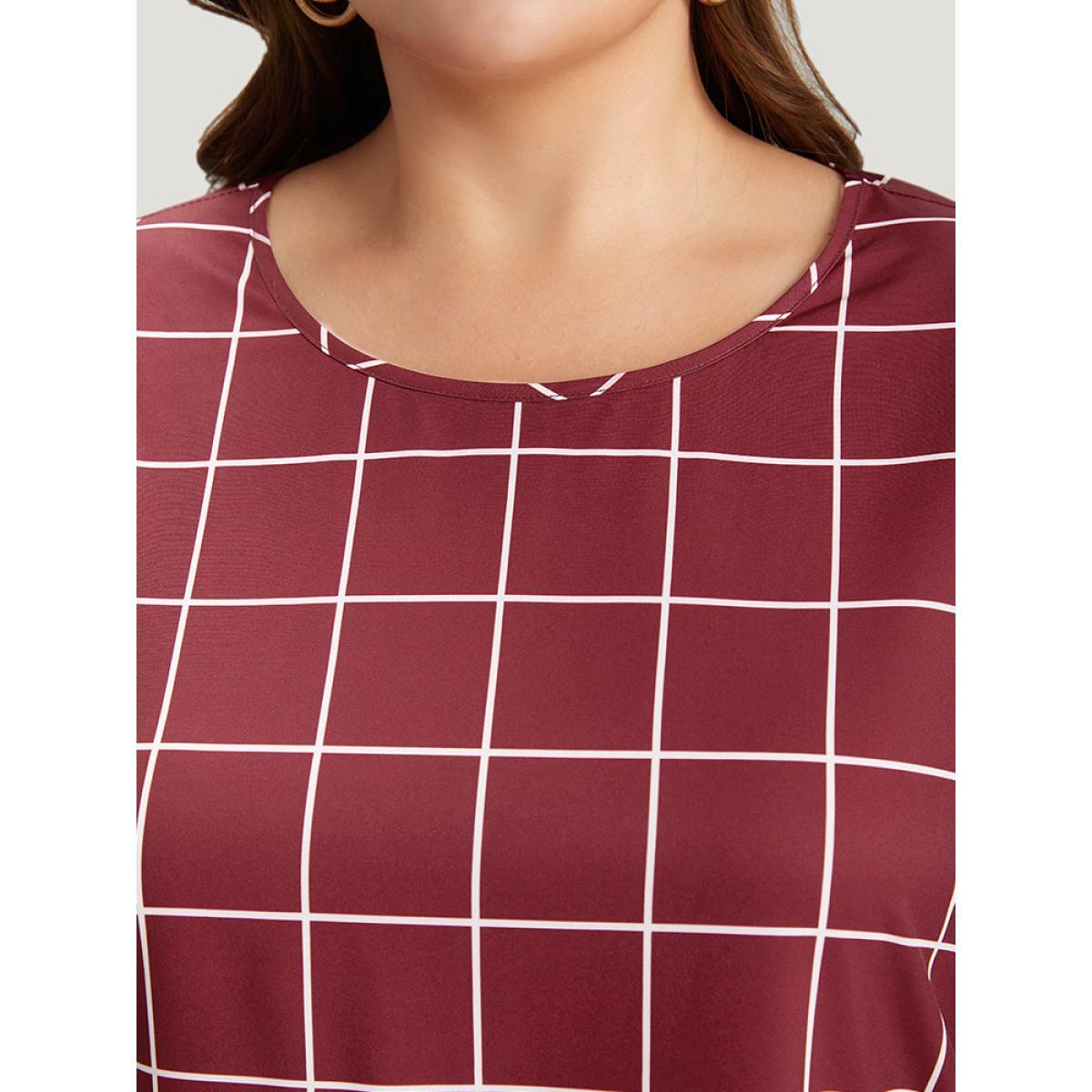 Plus Size Burgundy Plaid Frill Trim Bell Sleeve Flutter Hem Blouse Women Elegant Half Sleeve Round Neck Dailywear Blouses BloomChic 28/5X Product Image