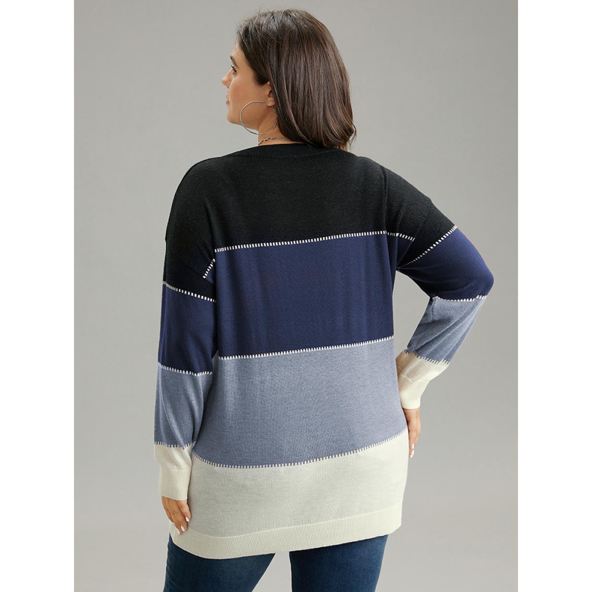 Plus Size Supersoft Essentials Colorblock Contrast Round Neck Pullover Indigo Women Casual Loose Long Sleeve Round Neck Everyday Pullovers BloomChic 12/L Product Image