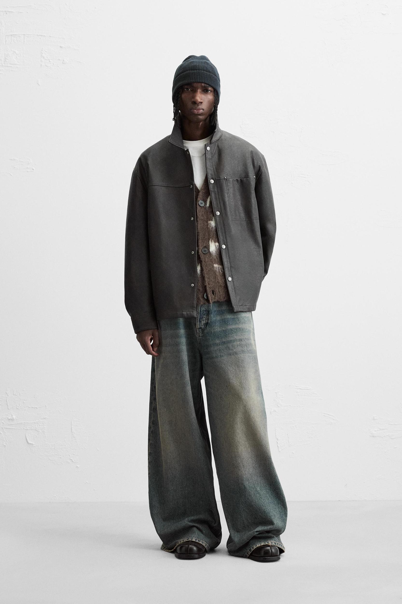 WASHED FAUX LEATHER OVERSHIRT Product Image