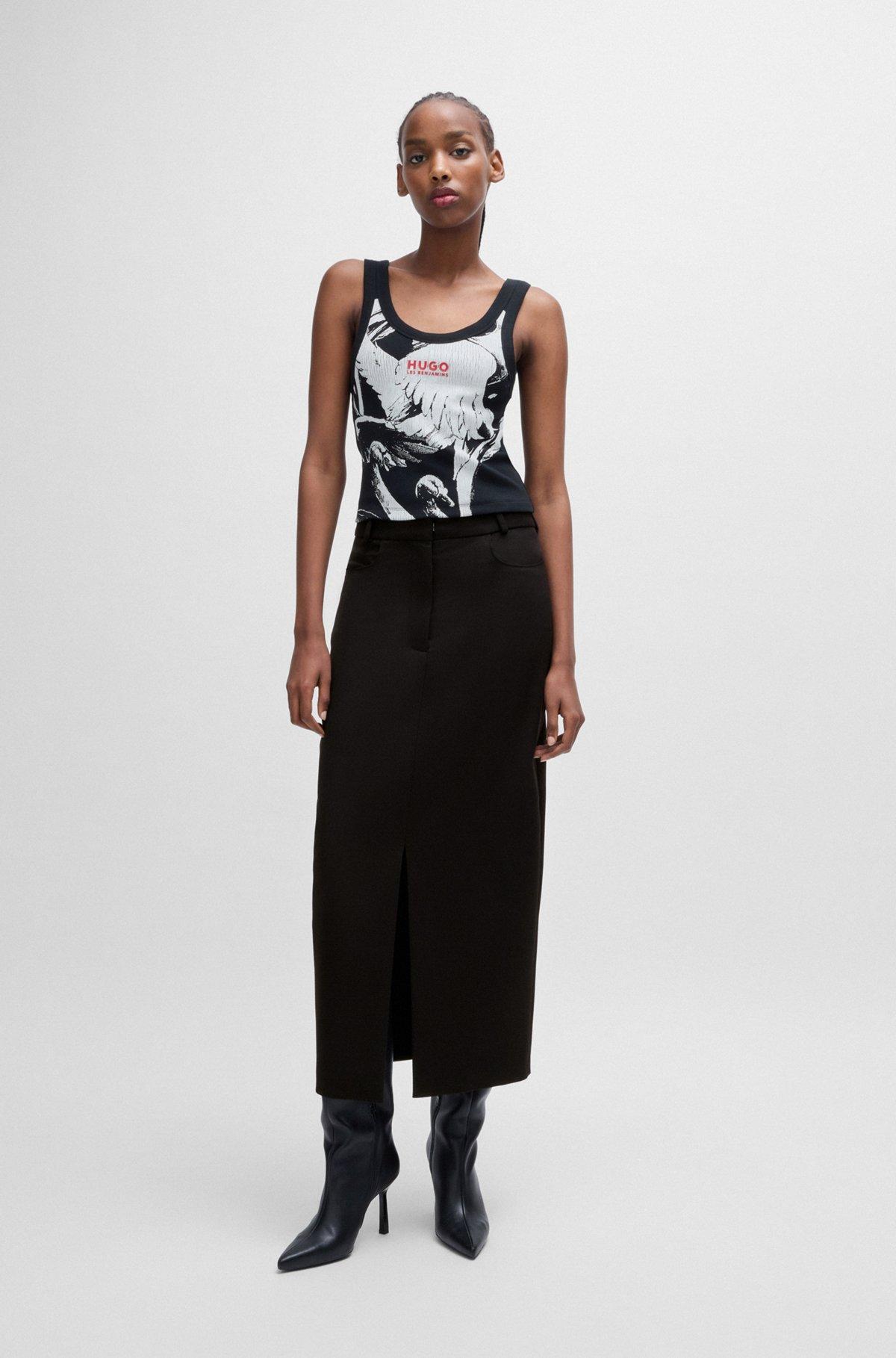 Maxi skirt with high front slit in stretch fabric Product Image