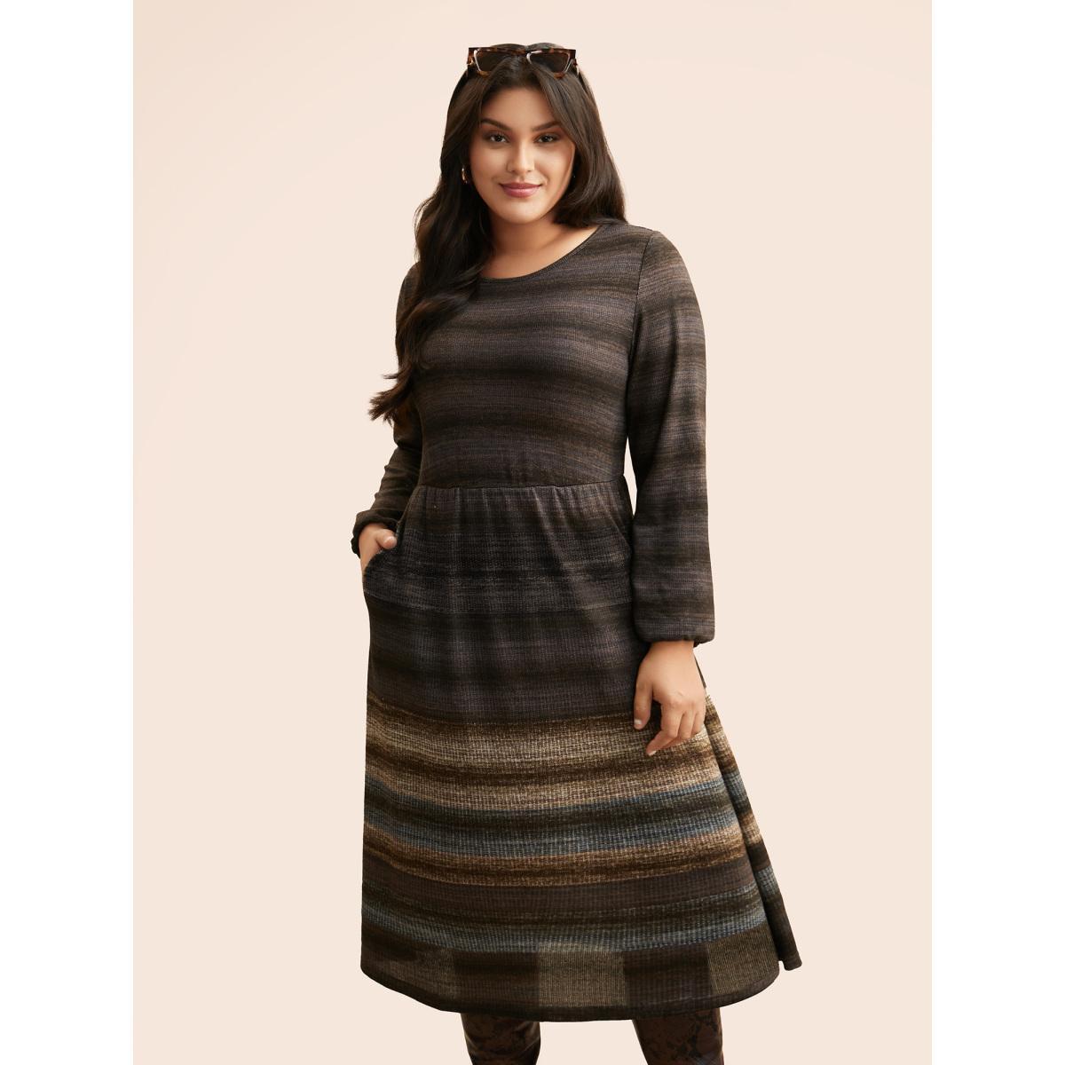 Plus Size Ombre Contrast Lantern Sleeve Midi Dress DarkBrown Women Casual Texture Round Neck Long Sleeve Curvy BloomChic 22-24/3X Product Image