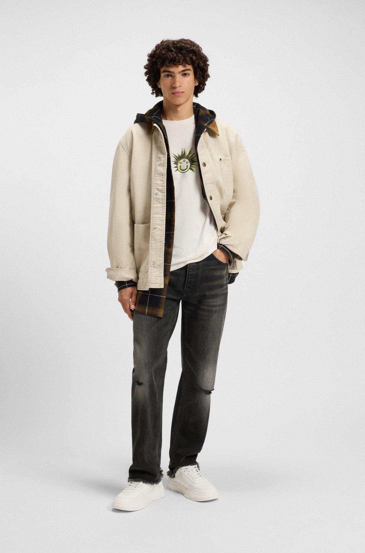 HUGO - Regular-fit jeans in distressed Candiani denim - Dark Grey Product Image