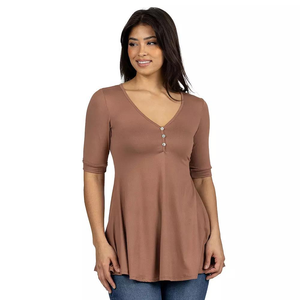Women's 24seven Comfort Apparel Short Sleeve Tunic Top with Button Detail, Size: Small, Brown Product Image