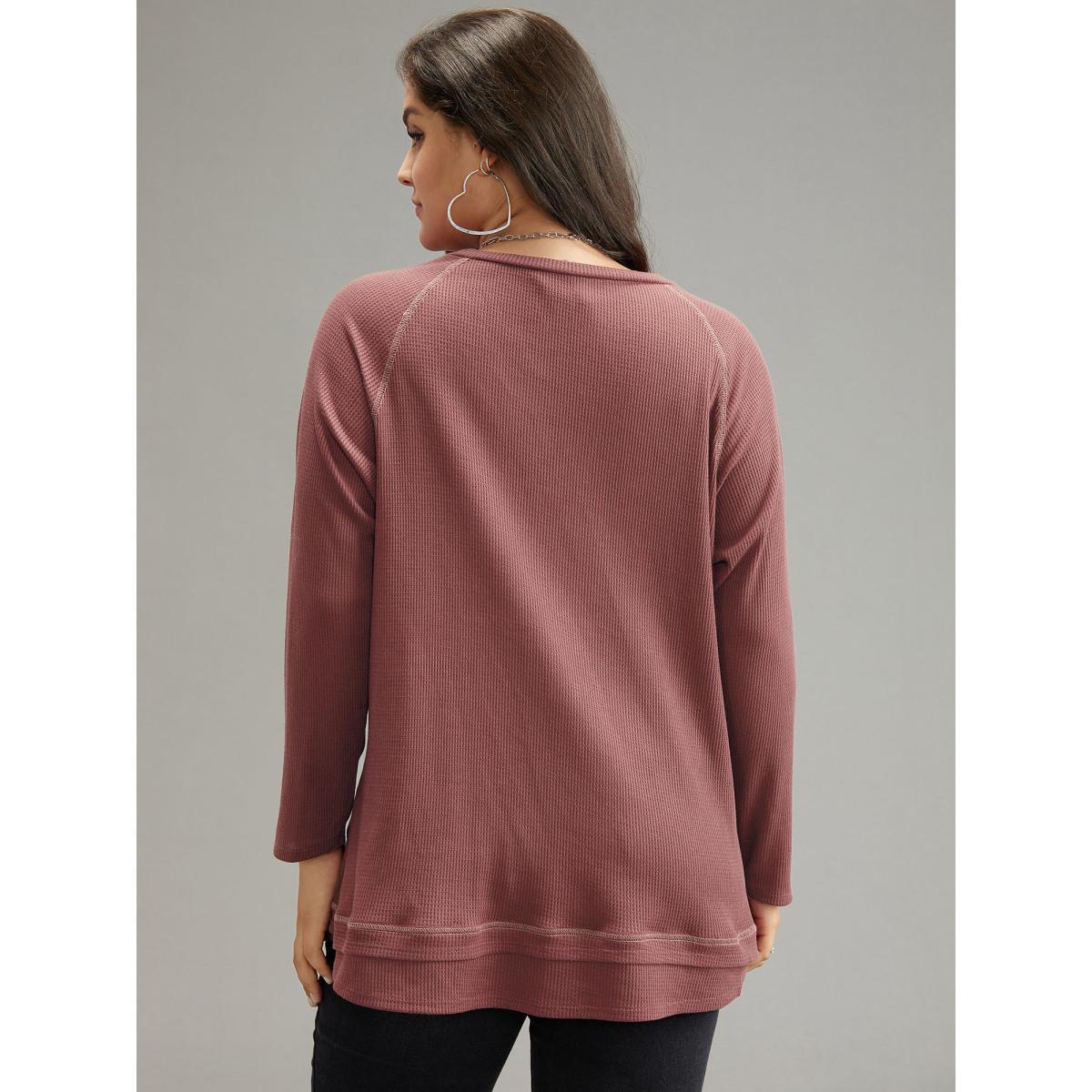 Plus Size Plain Textured Stitch Raglan Sleeve Sweatshirt Women DustyPink Casual Plain V-neck Everyday Sweatshirts BloomChic 30/6X Product Image
