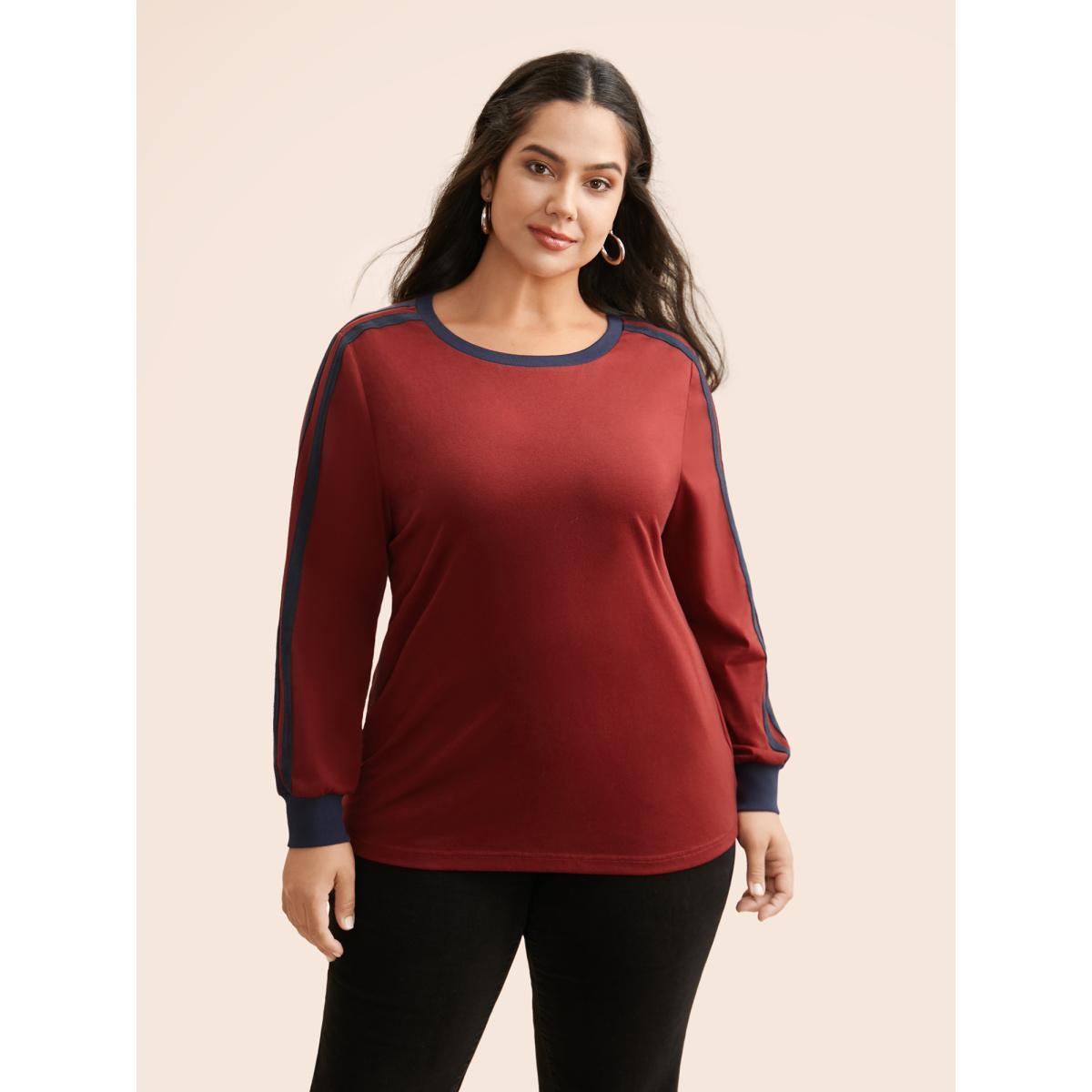 Plus Size Crew Neck Contrast Webbing T-shirt Scarlet Women Casual Contrast Round Neck Loose Everyday T-shirts BloomChic 12/L Product Image