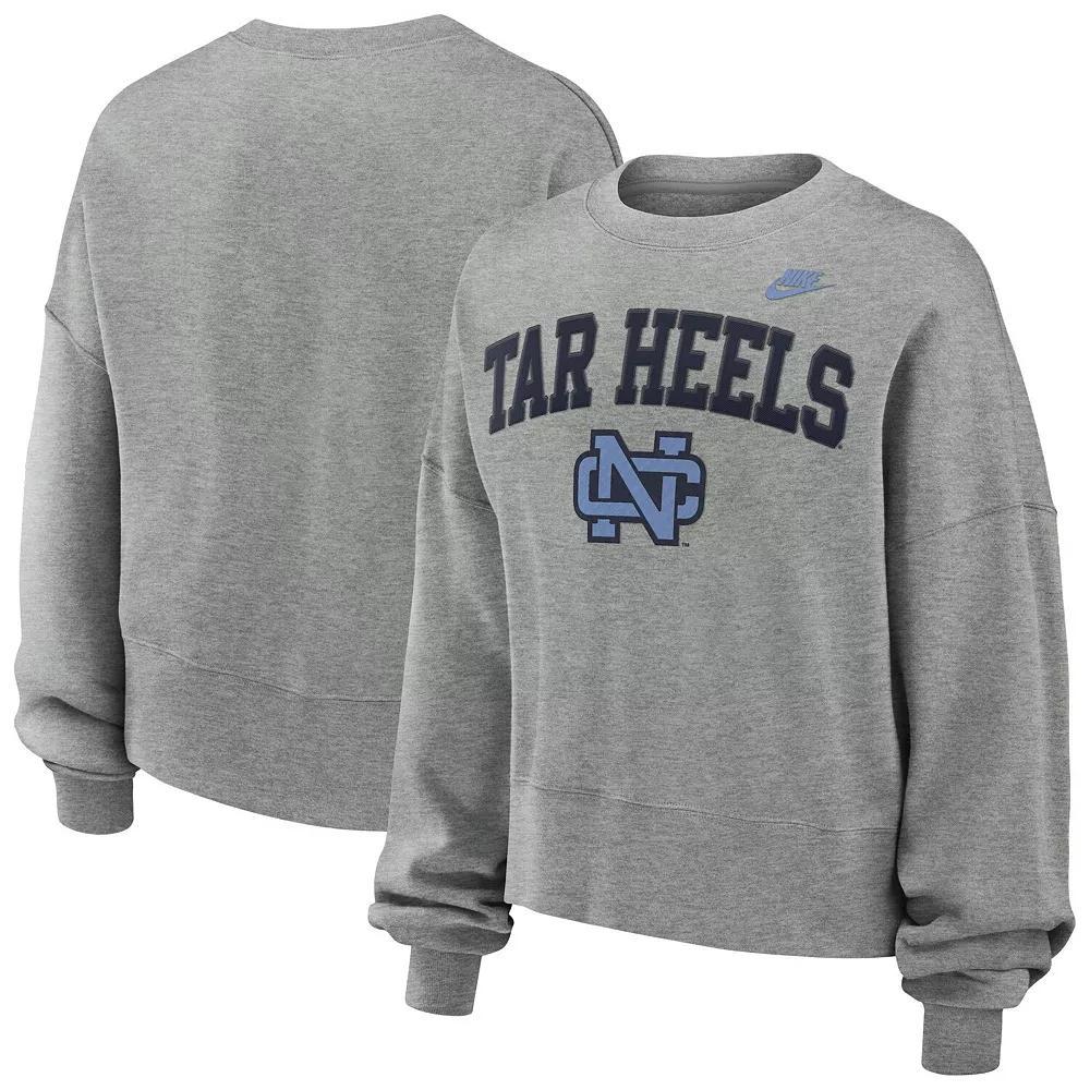 Women's Nike Heather Gray North Carolina Tar Heels Legacy Fleece Classic Arch Oversized Cropped Tackle Twill Sweatshirt, Size: Large, Grey Product Image
