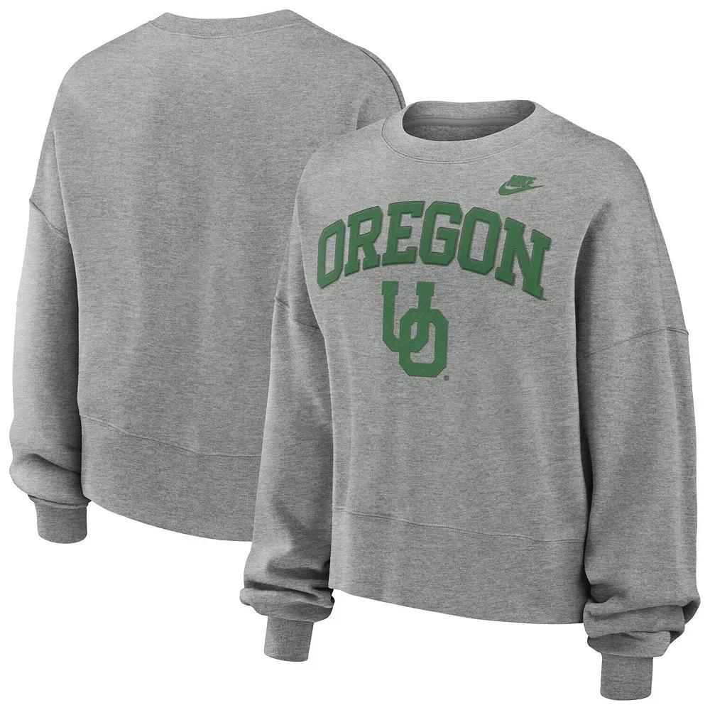 Women's Nike Heather Gray Oregon Ducks Legacy Fleece Classic Arch Oversized Cropped Tackle Twill Sweatshirt, Size: Large, Grey Product Image