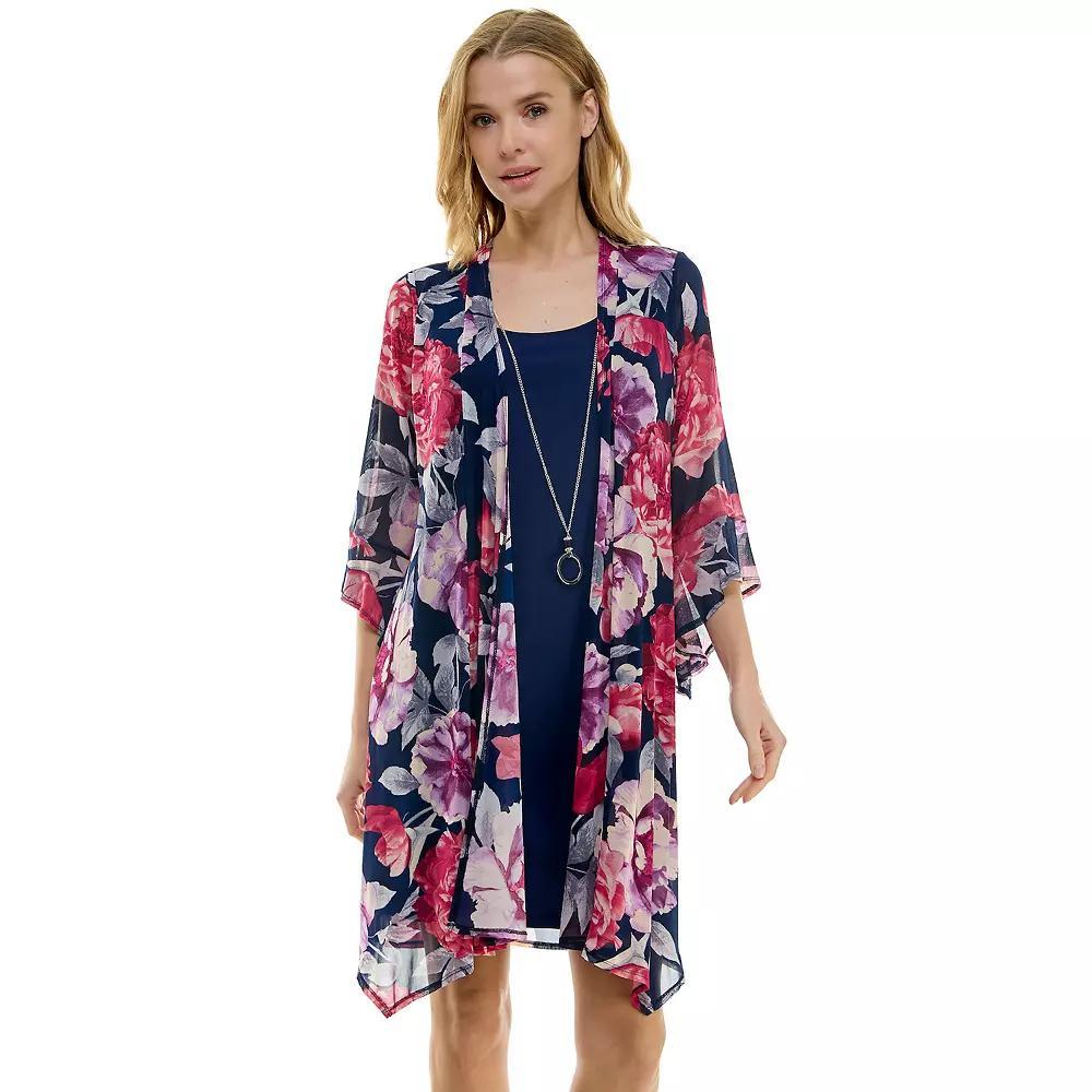 Women's Luxology 2-Piece 3/4 Bell Sleeve Cardigan & Dress Set, Size: XL, Navy Purple Gray Product Image