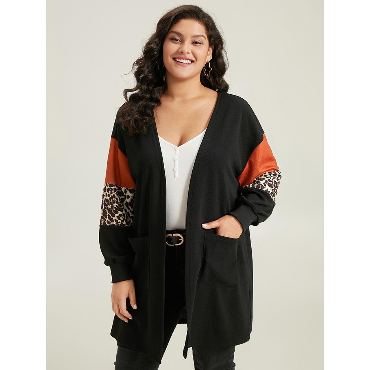 Plus Size Halloween Leopard Patchwork Rib Knit Patched Pocket Kimono Women Multicolor Casual Elastic cuffs Pocket Dailywear Kimonos BloomChic 10/M Product Image