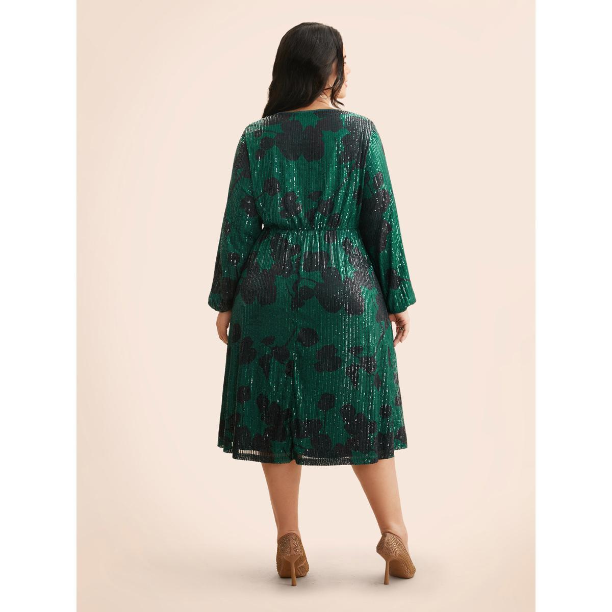 Plus Size Sequin Floral Lantern Sleeve Midi Dress Truegreen Women Cocktail Texture Party Curvy Bloomchic 18-20/2X Product Image