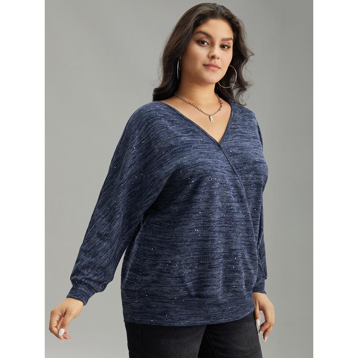 Plus Size Solid Heather V Neck Sequin T-shirt Blue Women Casual Texture Plain V-neck Everyday T-shirts BloomChic 26/4X Product Image