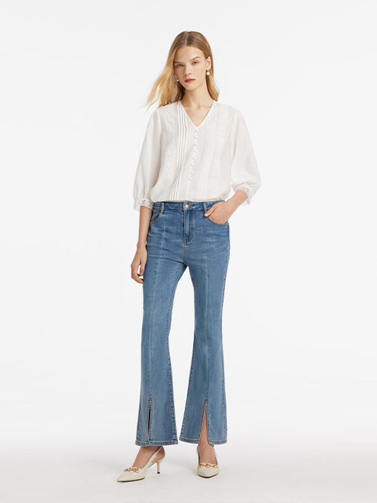 Acetate V-Neck Lace Trim Women Blouse Product Image