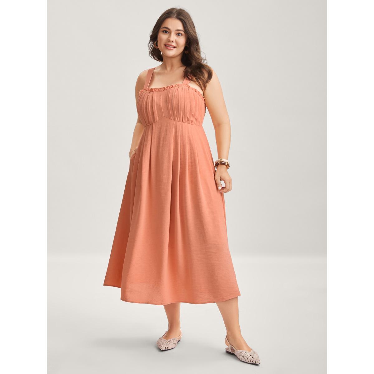 Plus Size Adjustable Straps Pleated Pockets Midi Dress Coral Women Non Sleeveless Curvy BloomChic 10/M Product Image