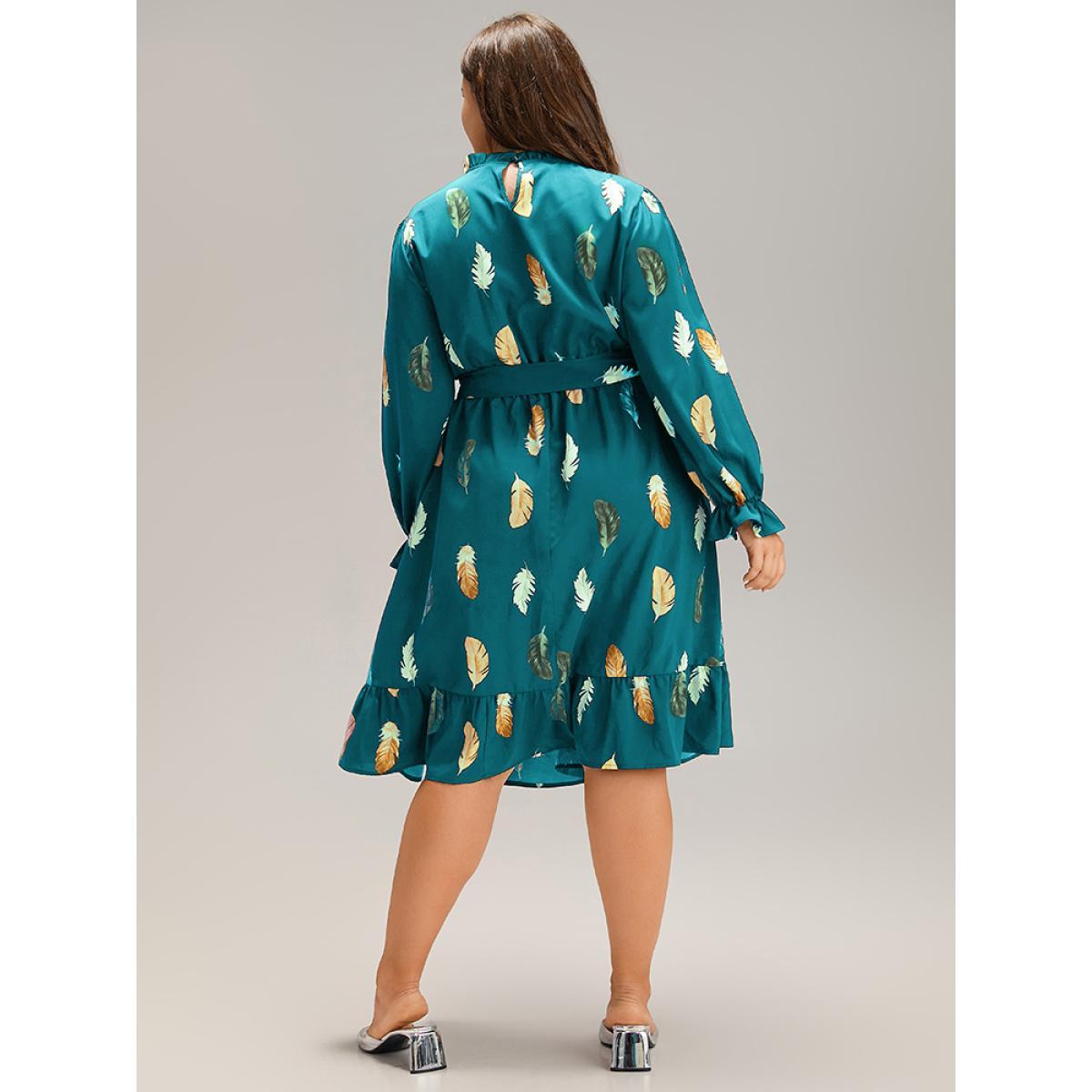 Plus Size Feather Print Frill Trim Belted Ruffle Hem Dress Teal Women At the Office Gathered Stand-up collar Long Sleeve Curvy Knee Dress BloomChic 28/5X Product Image