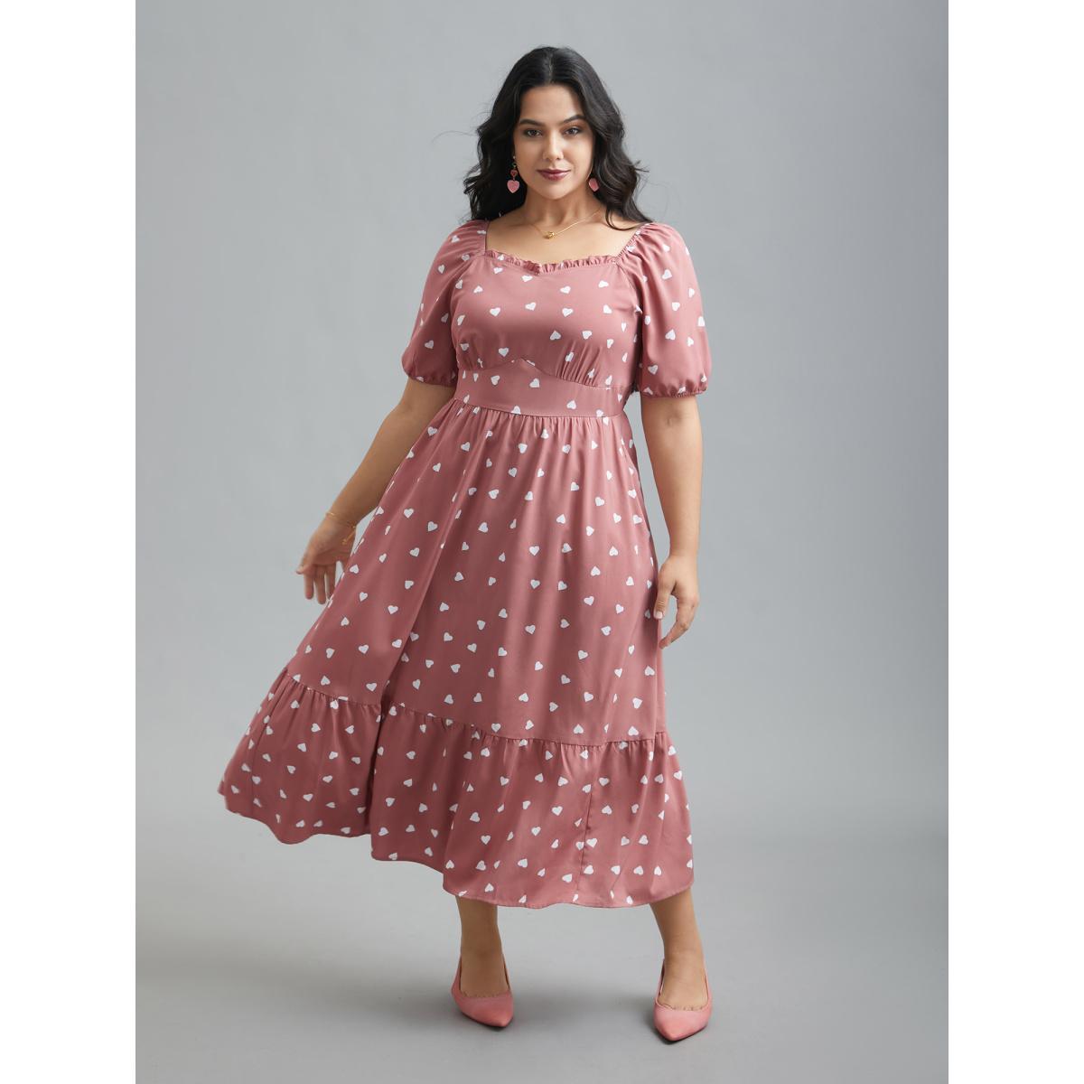 Plus Size Ruffled Stretchy Waist Puff Sleeve Dress DustyPink Women Elegant Gathered Heart neckline Half Sleeve Curvy BloomChic 28/5X Product Image