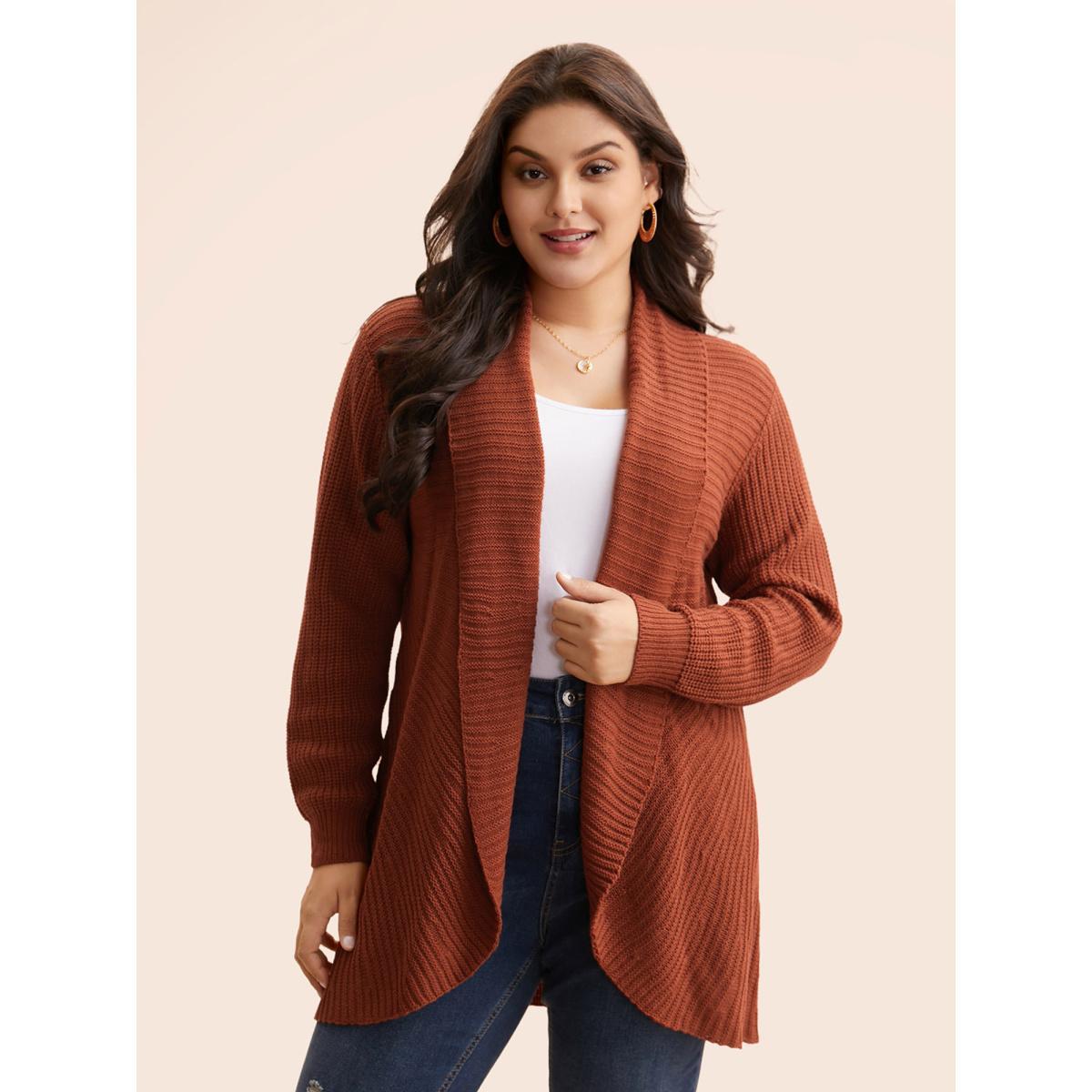 Plus Size Kimono Collar Texture Cable Knit Cardigan Russet Women Casual Loose Long Sleeve Everyday Cardigans BloomChic 30/6X Product Image