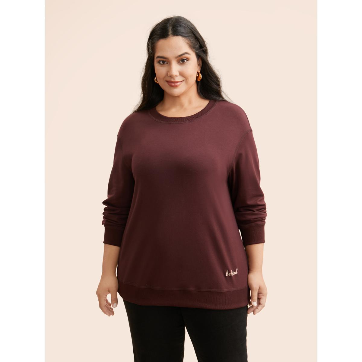 Plus Size Letter Embroidered Round Neck Sweatshirt Women Maroon Casual Patchwork Loose Round Neck Everyday Sweatshirts BloomChic 10/M Product Image